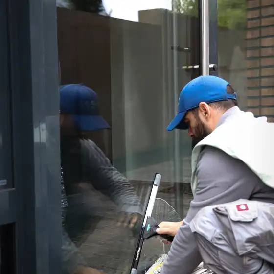 Ein Mitarbeiter beim Reinigen einer Glastür