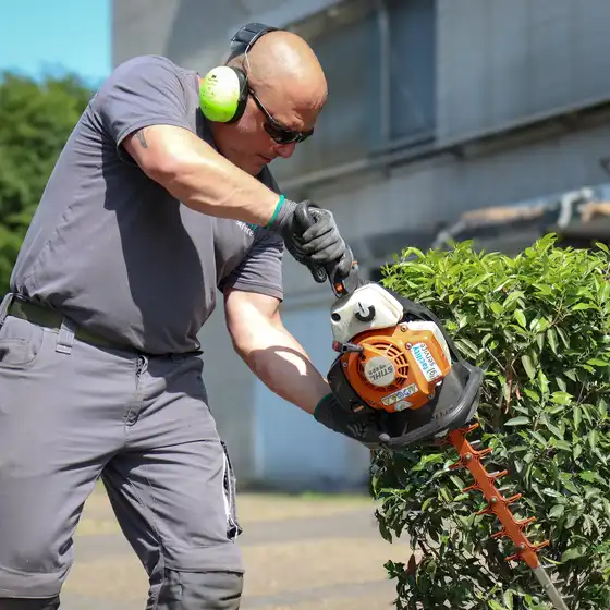 Ein Mitarbeiter beim Rückschnitt eines Strauches